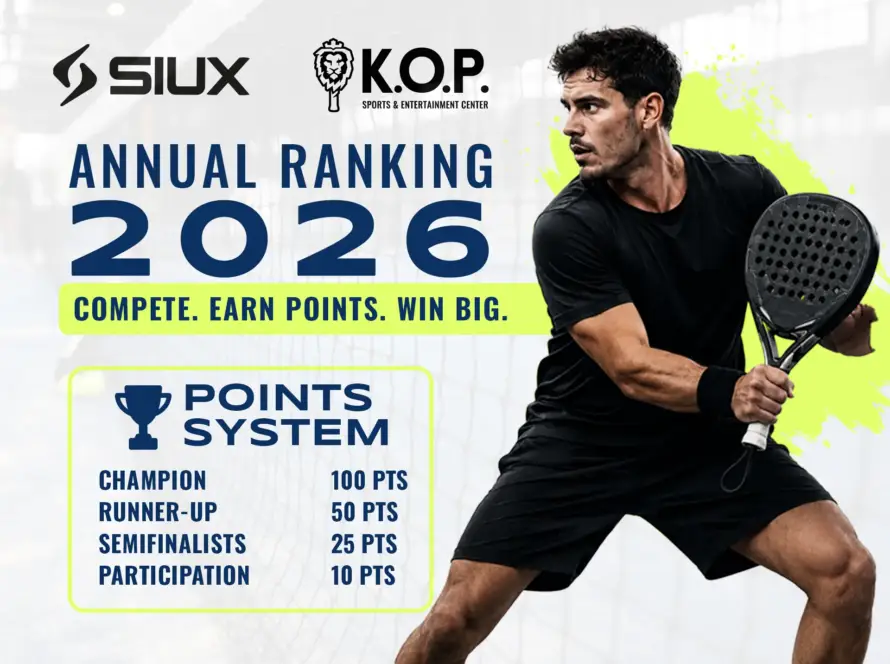 A marketing flyer for the K.O.P. Sports & Entertainment Center "Annual Ranking 2026" in partnership with Siux. It features a man in black sportswear holding a padel racket against a bright neon green paint-splatter backdrop, next to a structured chart detailing the tournament points system.