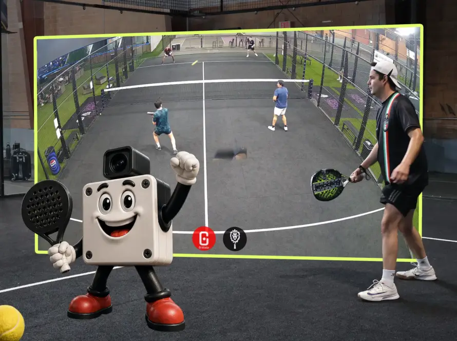 A digital composite showcasing an indoor padel court framed by a glowing neon green border. In the bottom left corner, a friendly 3D cartoon square camera character with white gloves and red shoes proudly holds up a padel racket, while a real player prepares for a shot on the right side.