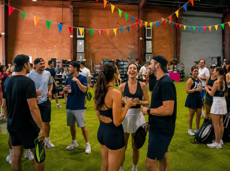 A group of young men and women laughing, talking, and holding drinks during a social gathering on an indoor turf field. Colorful triangular party bunting flags hang overhead against a tall brick wall structure.
