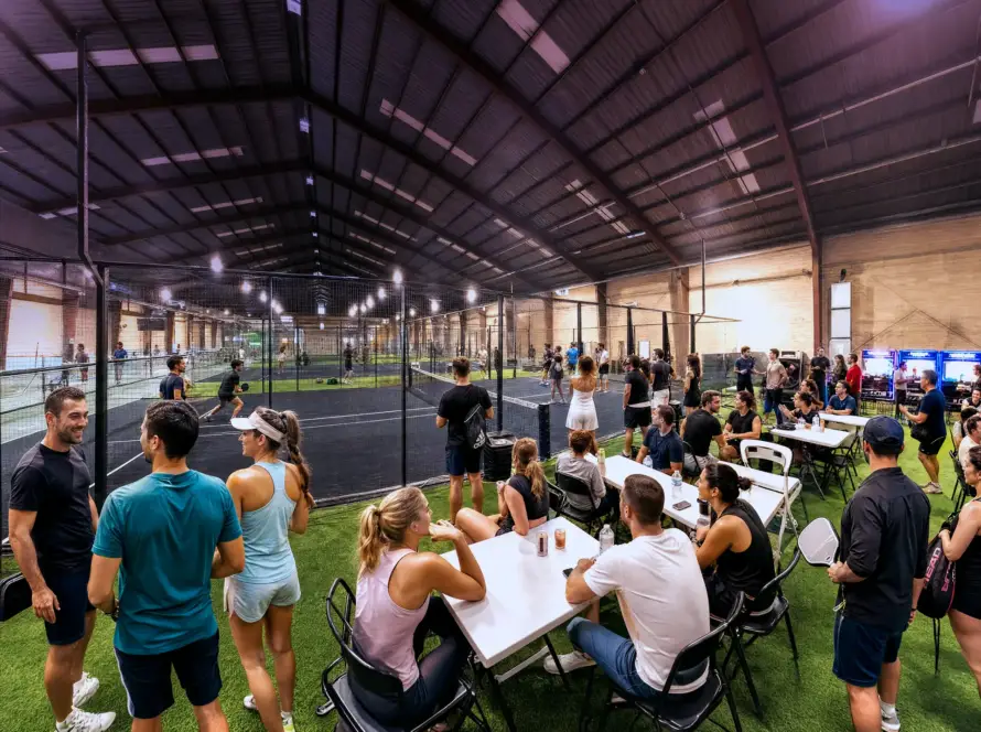 Group event at K.O.P. courts — people playing padel or pickleball, King’s Tavern visible.