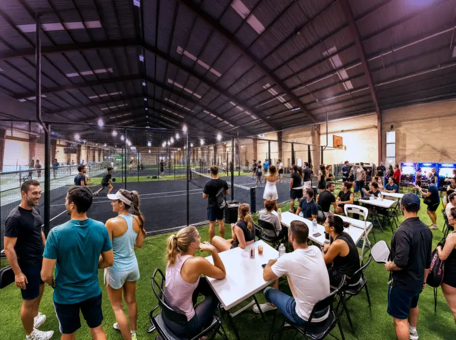Group event at K.O.P. courts — people playing padel or pickleball, King’s Tavern visible.