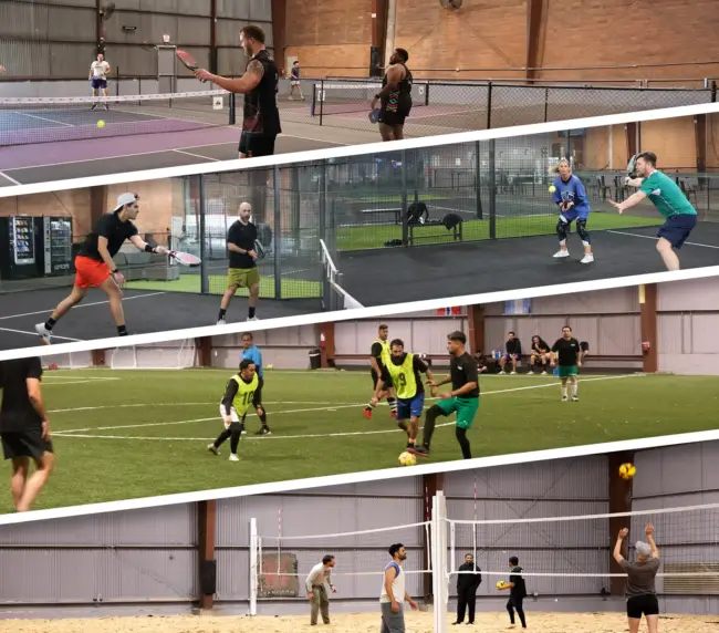 Action shot showing multiple sport types at K.O.P. — padel + pickleball or soccer. 